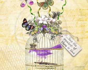 Victorian Butterflies and Bird in a Cage Digital Collage Instant Download for ATC, ACEO, Backgrounds