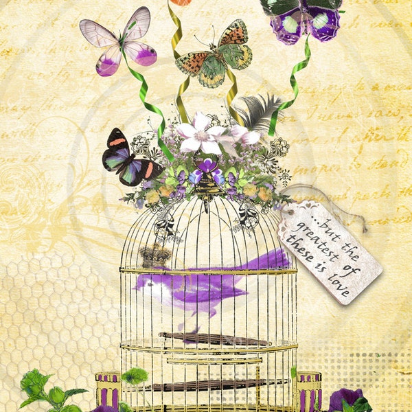 Victorian Butterflies and Bird in a Cage Digital Collage Instant Download for ATC, ACEO, Backgrounds