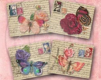 Parisian Butterflies and Roses French Digital Instant Download for Notecards, ATC's, ACEO, altered art
