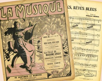Vintage French Music Sheets La Musique Digital Instant Download for Scrapbooking, ACEOs, Collage