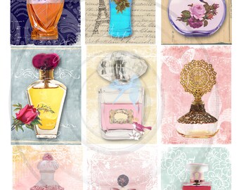 French Perfume Bottles 9 Backgrounds digital collage Sheet Instant Download for ATC, ACEO, Scrapbook, altered art