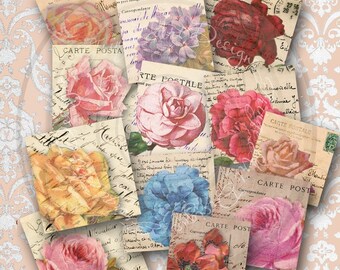 Flowers with Vintage French Postcards Instant Digital Download for ATCs, ACEOs, Hang Tags, Collage