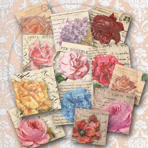 Flowers With Vintage French Postcards Instant Digital Download - Etsy
