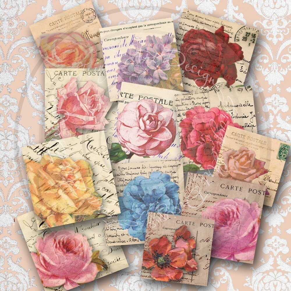 Flowers With Vintage French Postcards Instant Digital Download for Atcs ...