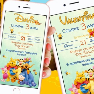 Winnie The Pooh Invitation - Invitation d’anniversaire numérique - Baptême de bébé - Fille, Personnalisable, WhatsApp