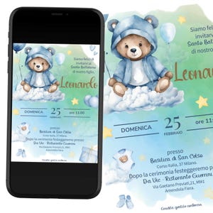 Invitation Ours en peluche - Baptême - Anniversaire - Invitation numérique bleue - Invitation WhatsApp