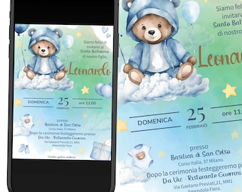 May include: A digital invitation displayed on a smartphone screen featuring a watercolor illustration of a brown teddy bear in a blue hooded outfit sitting on a cloud, surrounded by blue balloons, yellow stars, a baby onesie, and booties.