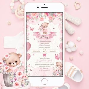 Invitation Ours en peluche - Baptême - Anniversaire - Invitation numérique rose - Invitation WhatsApp