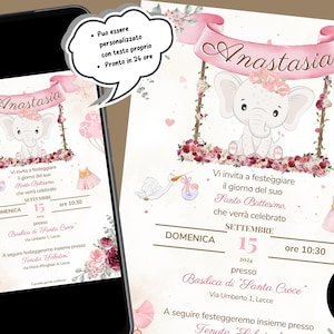 Pink Elephant Invitation - Invitation numérique pour petite fille - Baptême - Anniversaire - Personnalisable - Invitation WhatsApp