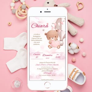 Invitation Ours en peluche - Baptême - Anniversaire - Invitation numérique rose - Invitation WhatsApp
