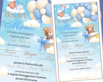 May include: A digital baptism invitation template featuring a light blue sky background with white clouds, gold stars, and teddy bears. One bear rests on a cloud, another sits in a basket attached to blue and white balloons. Text includes Baby Mario.