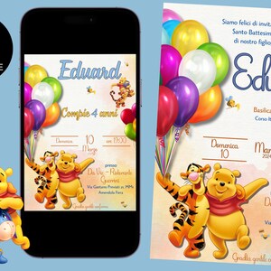 Winnie The Pooh Invitation - Invitation d’anniversaire numérique - Baptême de bébé - Fille, Personnalisable, WhatsApp