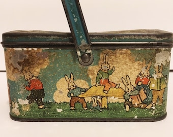 Vintage Tindeco Easter Tin Litho Metal Bunny Candy Container Metal Box