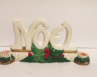 Vintage NOEL Chalkware Candle Holder Christmas Decoration