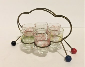 Vintage Shot Glasses with Rack - Retro Bar - Mid-Century