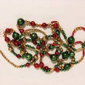 Red, Green, Gold Mercury Glass Garland Glass Beads Vintage Mercury Glass Gold, Green Christmas Garland Red
