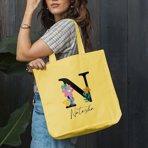 Sacola personalizada com inicial floral, bolsa de lona com alfabeto e nome personalizado, bolsa de lona com letra inicial personalizada, bolsa de lona com nome, presente perfeito para esposa