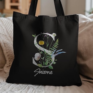 Personalized Initial Letter Alphabet Name Tote Bag, Custom Floral Initial Name Canvas Bag, Stylish Alphabet Name Gift, Perfect Gift for Wife