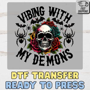 Gothic Skull & Roses Halloween DTF Transfer for T-Shirt, Spooky Day of the Dead Iron-On Ready to Press Apparel