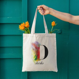 Bolsa de mano personalizada con inicial y letra de acuarela, bolsa con fuente caligráfica, elegante bolsa con nombre del alfabeto, regalo perfecto para esposa, bolsa con inicial vibrante