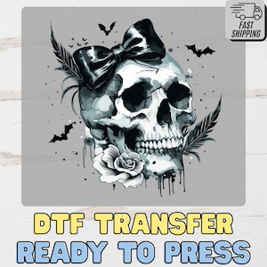 Feminine Gothic DTF Transfer for Halloween   Day of the Dead Apparel | Skull with Bow   Roses | Ready to Press Iron-On