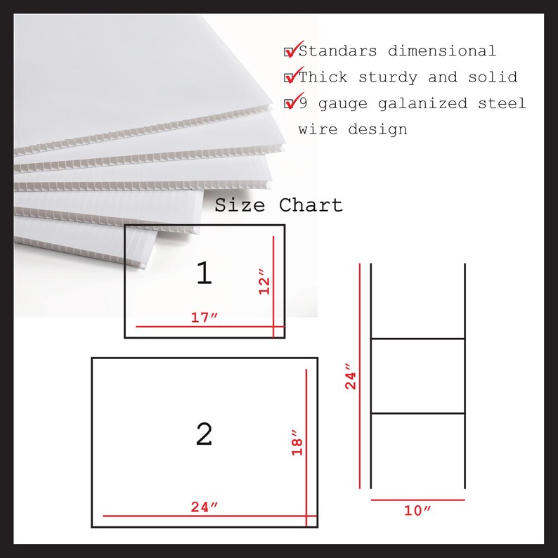 K&ouml;nnte beinhalten: Eine Gr&ouml;&szlig;entabelle f&uuml;r zwei verschiedene Gr&ouml;&szlig;en von Gartenschildern. Die Tabelle zeigt die Abmessungen des Schildes und des St&auml;nders. Gr&ouml;&szlig;e 1 ist 17 Zoll mal 12 Zoll und der St&auml;nder ist 24 Zoll hoch und 10 Zoll breit. Gr&ouml;&szlig;e 2 ist 24 Zoll mal 18 Zoll und der St&auml;nder ist 24 Zoll hoch und 10 Zoll breit.