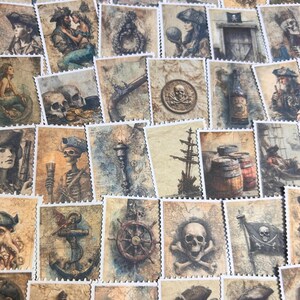 May include: A collection of vintage-style postage stamps featuring pirate-themed illustrations. The stamps showcase images of pirates, mermaids, treasure maps, skulls, ships, and nautical elements in a sepia-toned color palette.