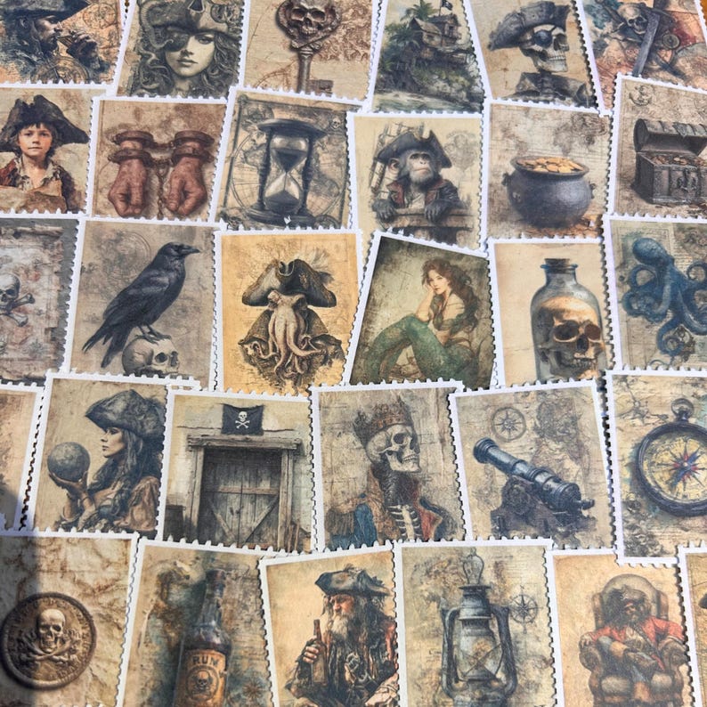 May include: A collection of vintage-style postage stamps with pirate-themed illustrations. The stamps feature images of pirates, mermaids, treasure chests, skulls, and nautical maps, in shades of brown, beige, and sepia tones.
