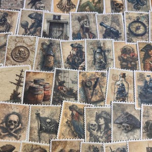 May include: A collection of vintage-style postage stamps featuring pirate-themed illustrations. The stamps showcase images of pirates, skulls, ships, maps, and nautical elements in shades of brown, beige, and sepia, with a distressed, aged appearance.