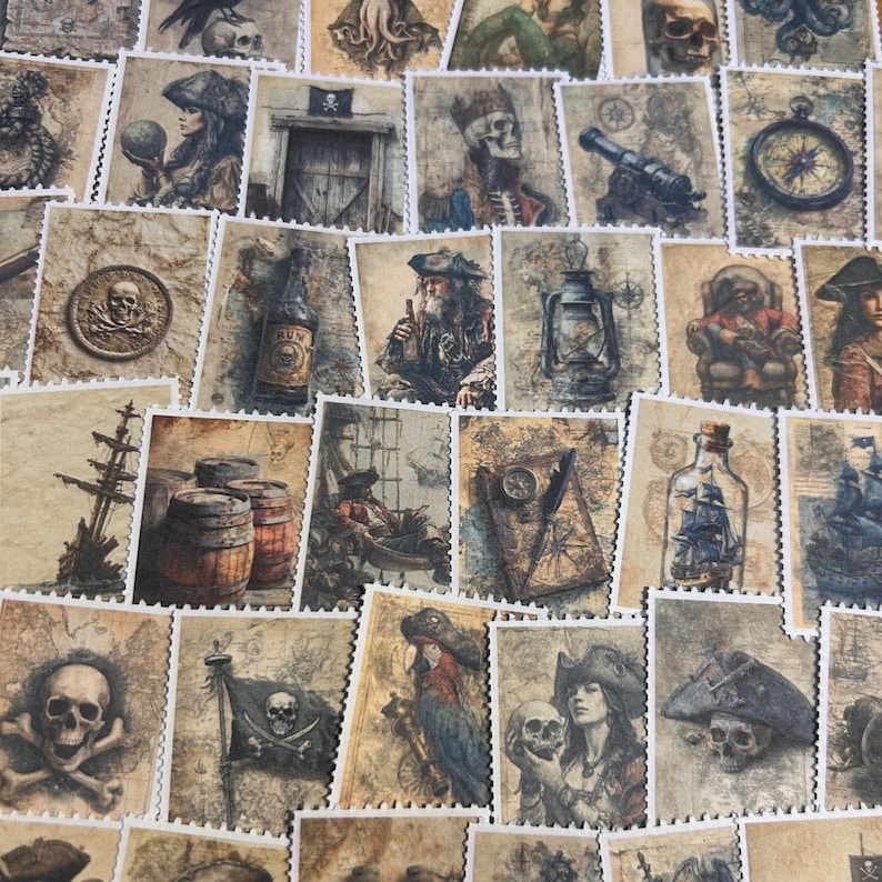 May include: A collection of vintage-style postage stamps featuring pirate-themed illustrations. The stamps showcase images of pirates, skulls, ships, maps, and nautical elements in shades of brown, beige, and sepia, with a distressed, aged appearance.