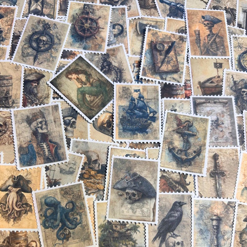 May include: A collection of vintage-style postage stamps with pirate and nautical themes. The stamps feature illustrations of skulls, ships, anchors, mermaids, and other pirate-related imagery in shades of brown, blue, and beige.