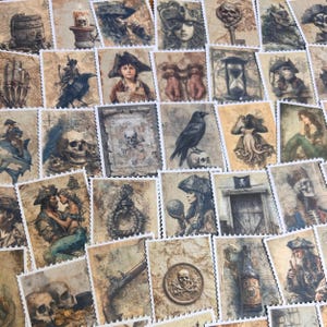 May include: A collection of vintage-style postage stamps with a pirate theme. The stamps feature illustrations of pirates, skulls, ships, mermaids, and other nautical elements in shades of brown, beige, and sepia. The stamps have a distressed, aged appearance.