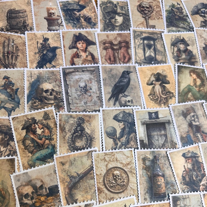 May include: A collection of vintage-style postage stamps with a pirate theme. The stamps feature illustrations of pirates, skulls, ships, mermaids, and other nautical elements in shades of brown, beige, and sepia. The stamps have a distressed, aged appearance.
