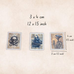 May include: Three vintage-style postage stamps with pirate themes. Each stamp is approximately 1.2 x 1.5 inches. Designs include a skull and crossbones, a pirate ship, and a skeleton pirate holding a torch. The stamps have a distressed, aged appearance.