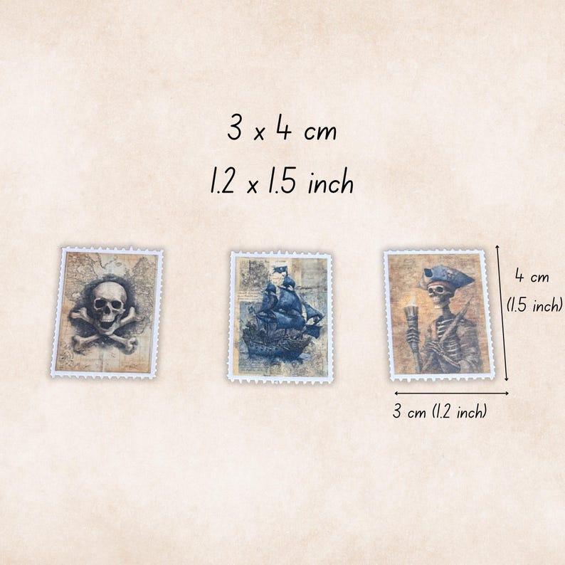May include: Three vintage-style postage stamps with pirate themes. Each stamp is approximately 1.2 x 1.5 inches. Designs include a skull and crossbones, a pirate ship, and a skeleton pirate holding a torch. The stamps have a distressed, aged appearance.