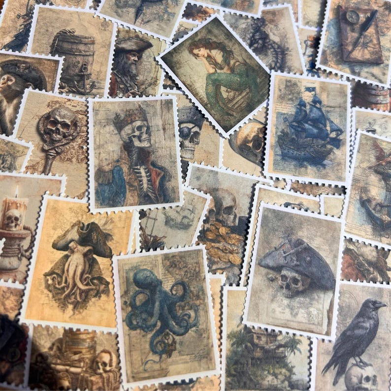 May include: A collection of vintage-style postage stamps with pirate and nautical themes. The stamps feature illustrations of skulls, mermaids, octopuses, ships, and pirates in shades of brown, blue, and green. The stamps have a distressed, aged appearance.