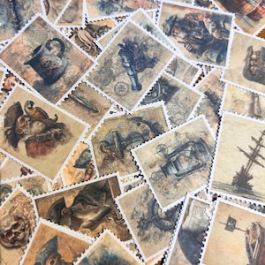 May include: A collection of vintage-style postage stamps with a nautical theme. The stamps feature illustrations of pirates, maps, ships, and nautical instruments in shades of brown, beige, and blue. The stamps have a white, perforated border.