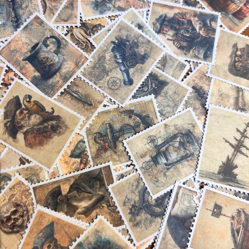 May include: A collection of vintage-style postage stamps with a nautical theme. The stamps feature illustrations of pirates, maps, ships, and nautical instruments in shades of brown, beige, and blue. The stamps have a white, perforated border.