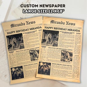 May include: Two custom newspapers with a vintage aesthetic, each featuring the headline "Happy Birthday Miranda" and a photo of a woman. The newspapers are labeled "Miranda News" and are 12 x 18 inches in size.