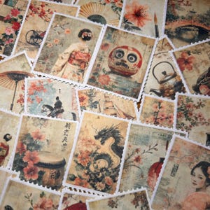 Pegatina de sello postal vintage japonés | Sello postal antiguo mate hecho a mano | Decoración asiática | Diario basura | Álbum de recortes | Papel adhesivo decorativo