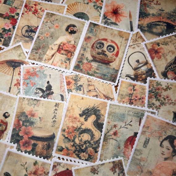 Japanese Vintage Postage Stamp Sticker l Handmade Matte Old Style Post Stamp l Asian Decoration Junk Journal Scrapbook Sticky Paper Decor