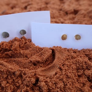 Pode incluir: Dois pares de brincos de pressão em forma de concha exibidos em cartões brancos, contra um fundo de areia castanho-avermelhada. Um par é prateado, o outro dourado, ambos com um design detalhado de concha. Acessório com tema de praia.
