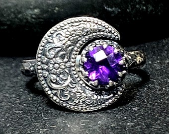 Amethyst Crescent Moon Ring in Sterling Silver