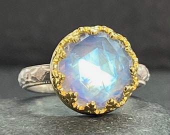 Gold Rainbow Moonstone Ring Sterling Floral Band, Engagement Ring Vintage Style Handmade Jewelry, custom sized