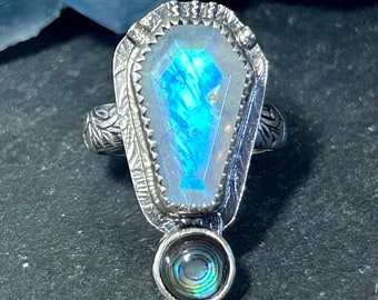 Rainbow Moonstone Coffin Ring in Sterling Silver Abalone Shell Jewelry