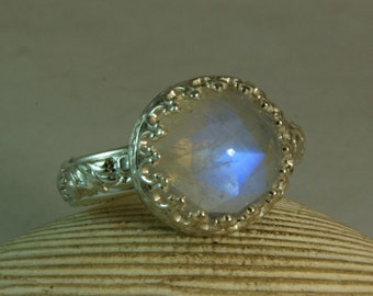 Rose Cut Blue Moonstone Ring Sterling Silver Moonstone Engagement Ring Fancy Bezel Setting