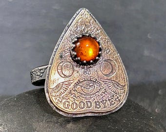 Gothic Planchette Ring, Natural Amber, Sterling Silver, Brass Jewelry