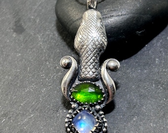 Medusa Goddess Pendant, Blue Moonstone and Chrome Diopside