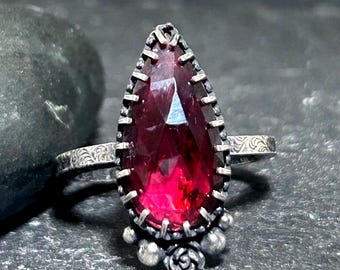 Red Rose Cut Garnet Ring Handmade Sterling Silver Bintage Style Statement Ring