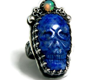 Gothic Skull Ring, Sterling Silver Blue Lapis Skull Ring, Fire Opal Jewelry,Day of the Dead Jewelry, Statement Ring